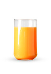 A glass of orange juice on a white background.