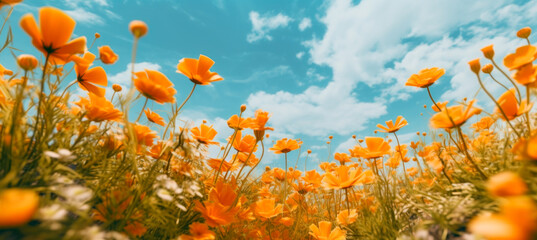 Fototapeta na wymiar flower, good weather, yellow, blue, clouds, generative ai