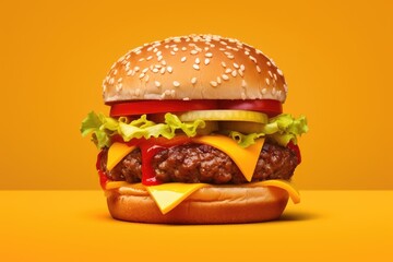 delicious cheeseburger with lettuce, tomato, cheese & seed bun, burger product photo, hamburger 