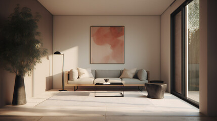 Stylish Interior with an Abstract Mockup Frame Poster, Modern interior design, 3D render, 3D illustration