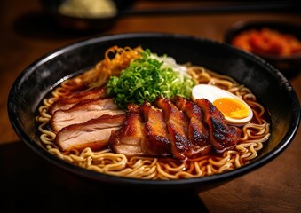 Fototapeta premium Chinese ramen with Grilled Chicken and Egg in the table in restaurant. generative AI image.