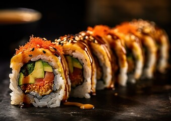 Fototapeta Crunchy maki o a sushi plate in restaurant. generative AI image. obraz