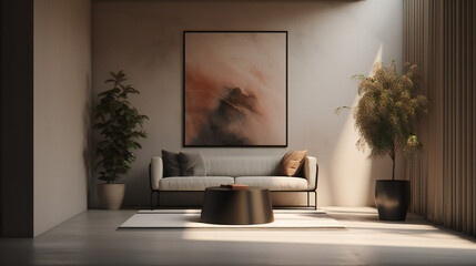 Stylish Interior with an Abstract Mockup Frame Poster, Modern interior design, 3D render, 3D illustration