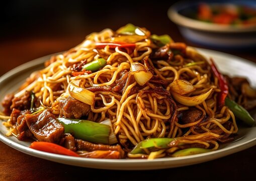 Stir Chinese fry noodles with beef and vegetable in white bowl. asian style food generative AI image.