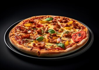 tasty pizza on dark ceramic plate in restaurant. generative AI image.