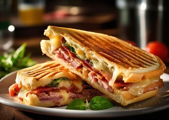 Healthy Grilled Basil Mozzarella Caprese Panini Sandwich generative AI image.