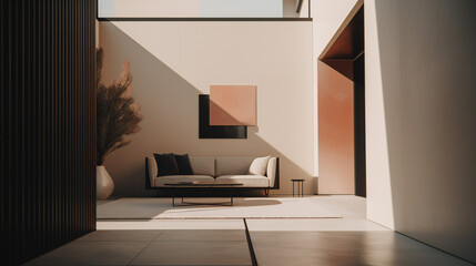 Stylish Interior with an Abstract Mockup Frame Poster, Modern interior design, 3D render, 3D illustration