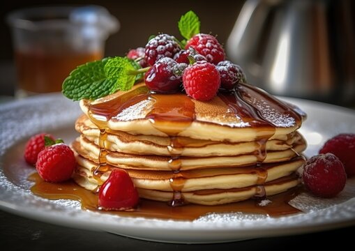 Delicious pancakes with raspberries and honey. generative AI image.