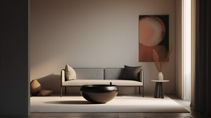 Fototapeta na wymiar Stylish Interior with an Abstract Mockup Frame Poster, Modern interior design, 3D render, 3D illustration