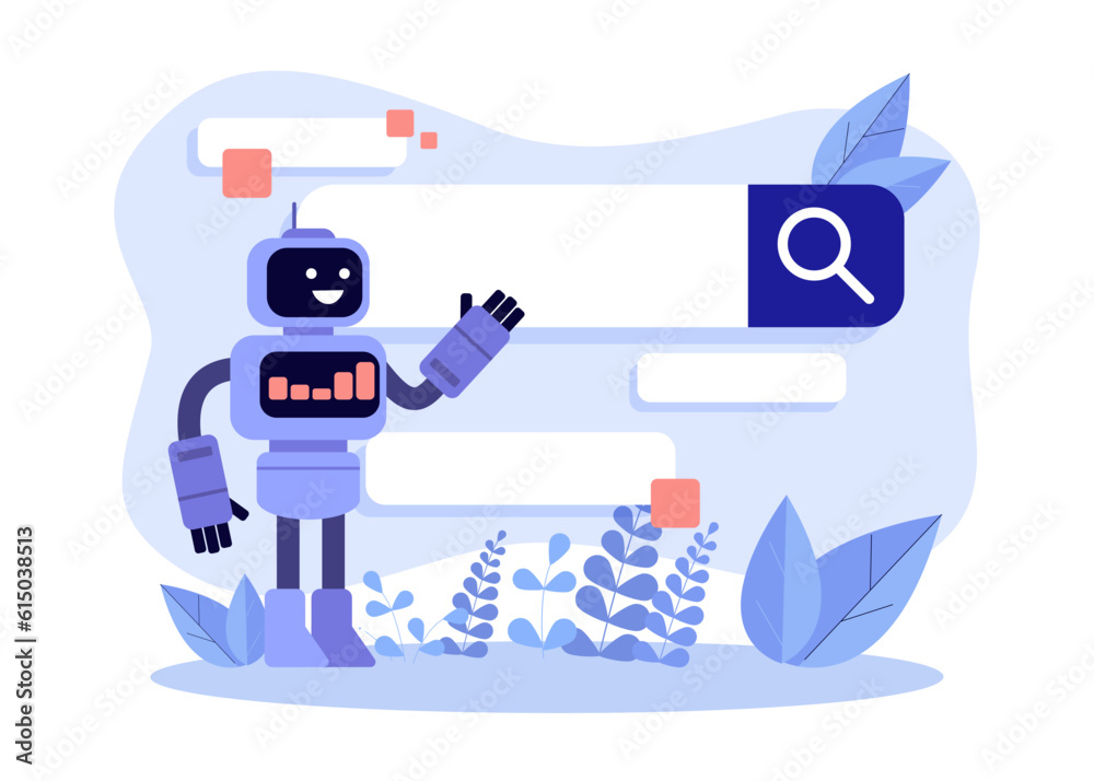Poster happy robot presenting browser search bar vector illustration. online web search engine with ai help