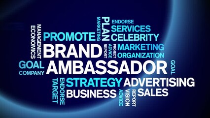 Brand Ambassador animated tag word cloud;text design animation kinetic typography seamless loop.