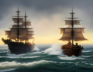 Fototapeta premium Beautiful ship sailing in the sea at sunset. Amazing 3D landscape. Digital illustration. CG Artwork Background