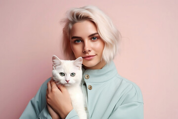 Young woman holding cat on pastel background
