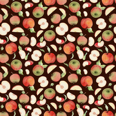 Hand drawn watercolor apple fruits, ripe, full and slices red and green with leaves. Seamless pattern. Isolated object on color background. Design for wall art, wedding, print, fabric, cover, card.