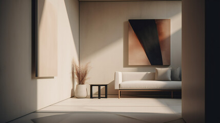 Stylish Interior with an Abstract Mockup Frame Poster, Modern interior design, 3D render, 3D illustration