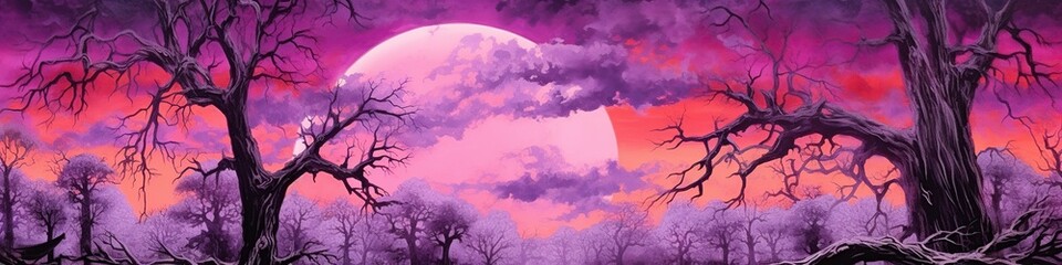 illustration, a forest with trees and purple sky, website header, generative ai
