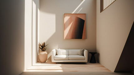 Stylish Interior with an Abstract Mockup Frame Poster, Modern interior design, 3D render, 3D illustration