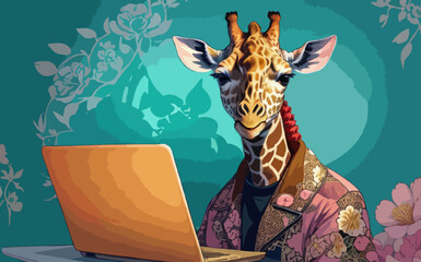 Portrait of a giraffe at the computer. It looks stylish on a pink background. wanderlust vector illustration