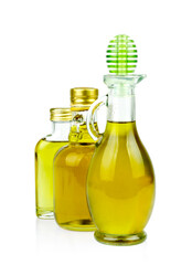 A three bottle of olive oil on white background.