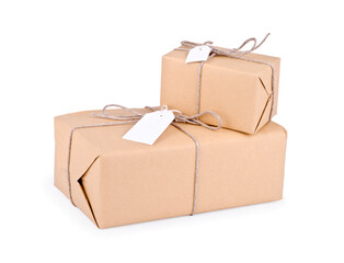Stacking parcels boxes with kraft paper,isolated on white background.