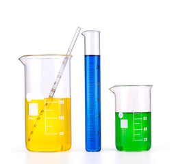 Different laboratory glassware with colored liquid isolated over white background