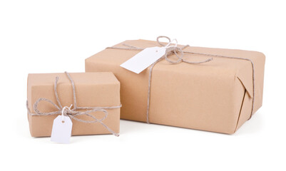 Stacking parcels boxes with kraft paper,isolated on white background.
