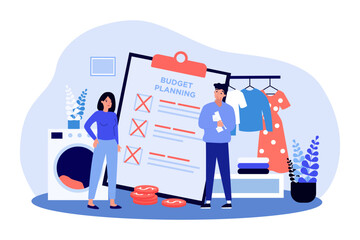 Married couple with budget planning list vector illustration. Drawing of upset wife and husband, financial problems due to rising interest rate, inflation. Household spending, budget, economy concept