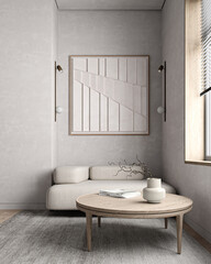 Australian minimalism concept style of livingroom interior design with brown floor and vintage window. 3d rendering. High quality 3d illustration