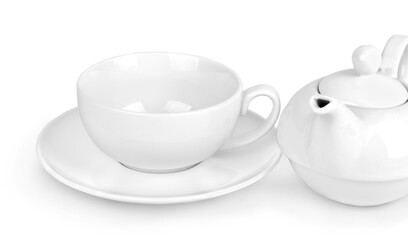 White cup and a kettle isolated over white background