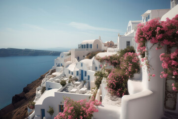 Naklejka premium Mediterranean style white elegant houses on the slope with sea view, greek architecture with blooming plant climbing a wall. Modern greek architecture. Traditional villa of Santorini. Generative AI