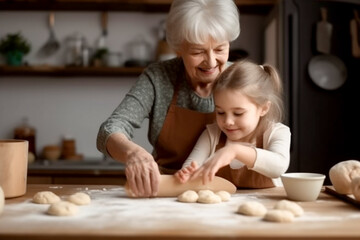 An active age grandmother engages her little granddaughter in rolling yeast dough and sculpting pastry dough. A caring elderly grandmother shares home baking skills with her granddaughter. Generat AI - obrazy, fototapety, plakaty