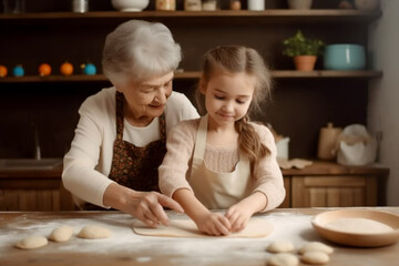 Obraz na płótnie Canvas An active age grandmother engages her little granddaughter in rolling yeast dough and sculpting pastry dough. A caring elderly grandmother shares home baking skills with her granddaughter. Generative 