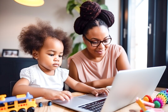 A young African mom shows cartoons developing programs on her little daughter's laptop. Develops a child using a laptop. Online education of children. Games for preschoolers. Generative AI
