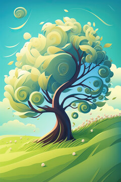 softly swirly tree with crital like leaves, cartoon vector concept, tree, green , grass, skyline, clouds, sky using Generative Ai technologie