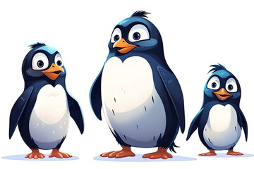 penguins on white isolated background. Family set of cute cartoon characters. Generative AI illustration