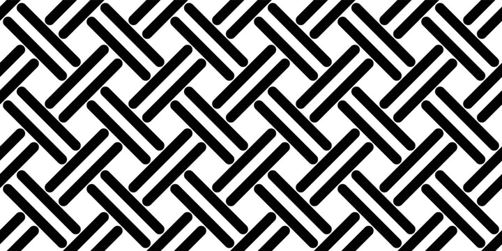 Diagonal basketweave seamless pattern. Black basket weave bamboo texture on white. Simple monochrome background. Vector abstract illustration