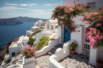 Obraz na płótnie Canvas Mediterranean style white elegant houses on the slope with sea view, greek architecture with blooming plant climbing a wall. Modern greek architecture. Traditional villa of Santorini. Generative AI