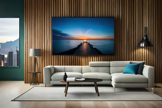 luxury living room with geant TV plasma and armchair, table and lamp beside sofa, carpet, floor, awesome wall using Generative Ai technologie