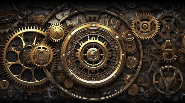 clock background, generative, ai, machine, mechanical, blue,gold