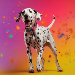 A cheerful playful dog jumps up among the colors of Holi, Dalmatian on a bright multi-colored background, generative ai