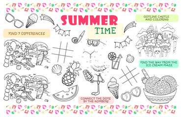 Festive placemat for children. Printable activity sheet "Summer time" with a labyrinth, tic-tac-toe, connect the dots, find the difference. 17x11 inch printable vector file