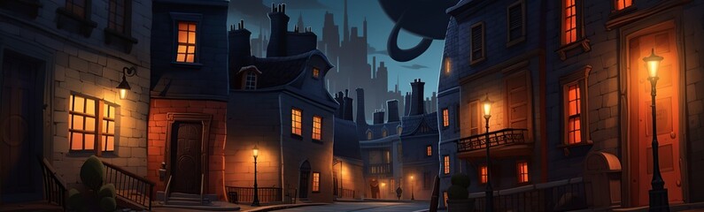 illustration cartoon, a night street with lights on, website header, ai generative