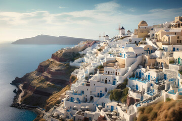 Aerial view of a greek island with traditional architecture with whute houses and blue roofs. Mediterranean style white elegant houses on the slope with sea view and blooming plants. Generative AI
