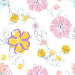 Pink Flowers Blooming Pattern. Pastel Watercolor.