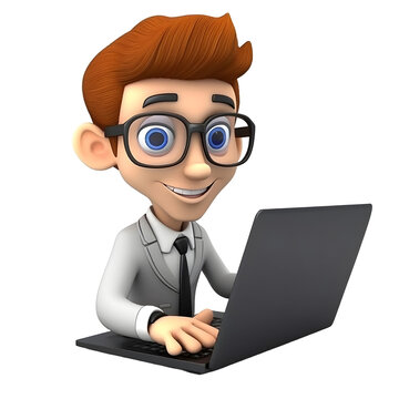 3D illustration of a smiling man using a laptop and working. 3d cartoon character businessman using a laptop computer isolated on white. Workplace concept. Created with Generative AI technology.