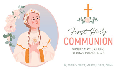 Girl in a white dress for the first communion. Vector. An invitation to celebrate the sacrament of the Eucharist. Young Catholic woman in a round frame with flowers.