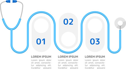 Stethoscope blue infographic chart design template. Doctor consultation. Abstract vector infochart with blank copy spaces. Instructional graphics with 3 step sequence. Visual data presentation