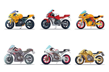 Set of bikes. Lively cartoon illustration showcasing a set of stylish flat-design motorbikes with creatively designed and dynamic idea. Vector illustration.