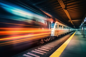 Train passing a high speed by with long exposure trails of light, creating a sense of speed and motion. Generative AI