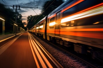 Obraz premium Train passing a high speed by with long exposure trails of light, creating a sense of speed and motion. Generative AI